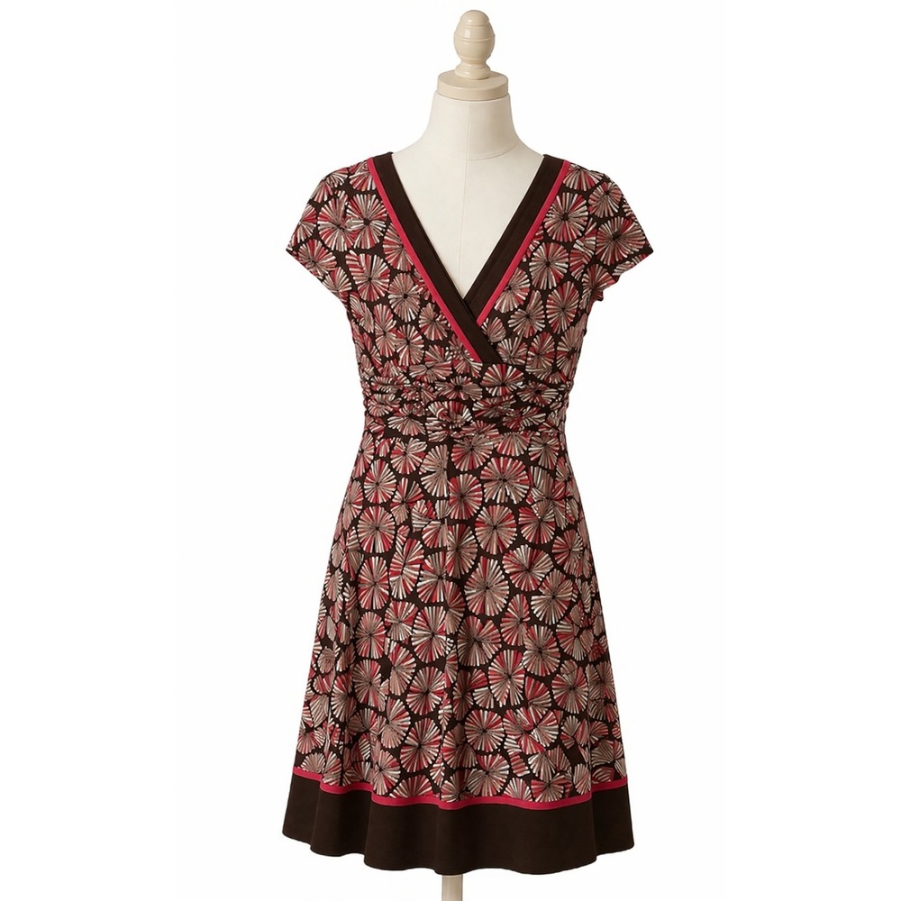 Y2K 90s Pink Brown Floral V Neck Ruched‎ Dress Womens Sz 12 Retro Boho